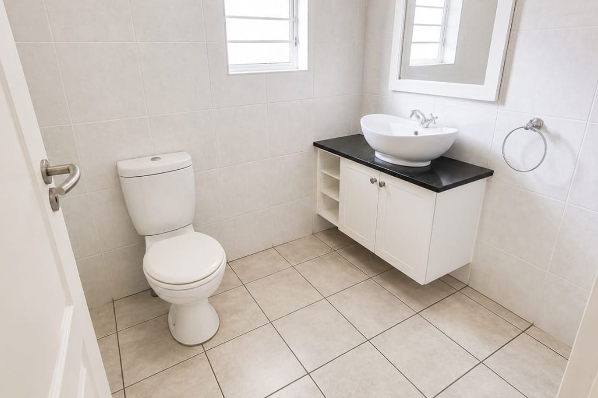 A clean and well-maintained bathroom featuring a modern vanity with a basin, tiled walls, and neutral floor tiles.
