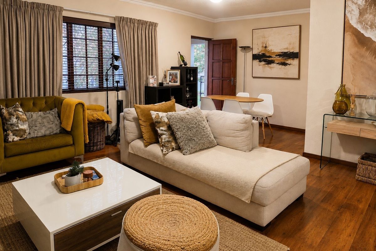 A well-maintained living room featuring warm hardwood flooring, crown molding, and natural light through a window with security bars.