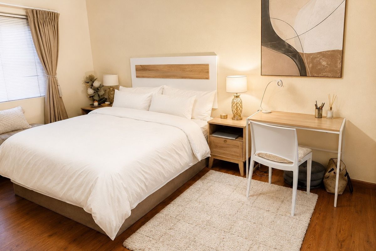 A well-maintained bedroom featuring warm-toned laminate flooring and neutral wall finishes, creating a comfortable and inviting living space.