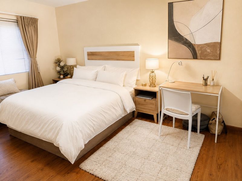 A well-maintained bedroom featuring warm-toned laminate flooring and neutral wall finishes, creating a comfortable and inviting living space.