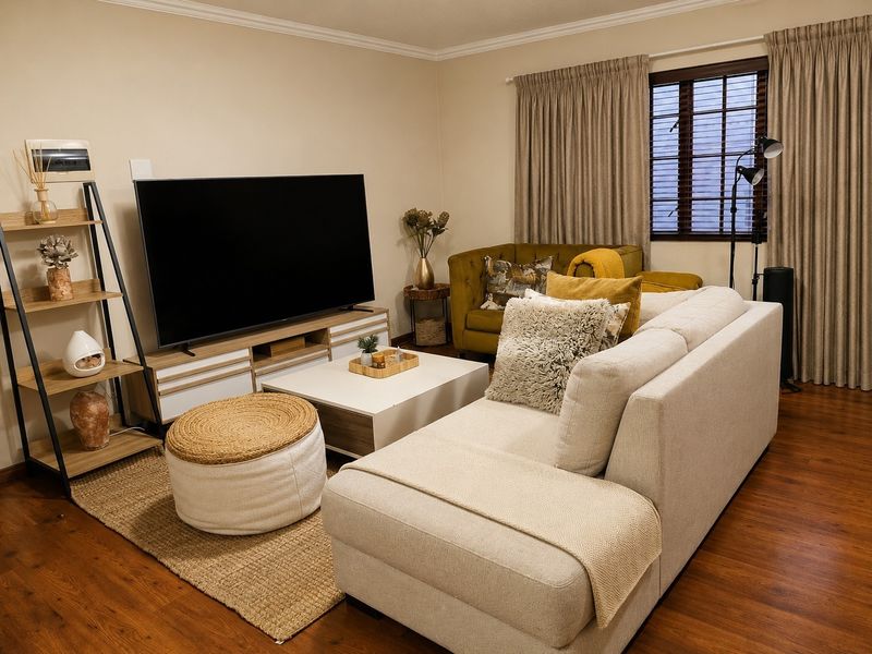 A well-maintained living room featuring warm-toned laminate flooring, neutral wall finishes, and large windows with fitted curtains and blinds.