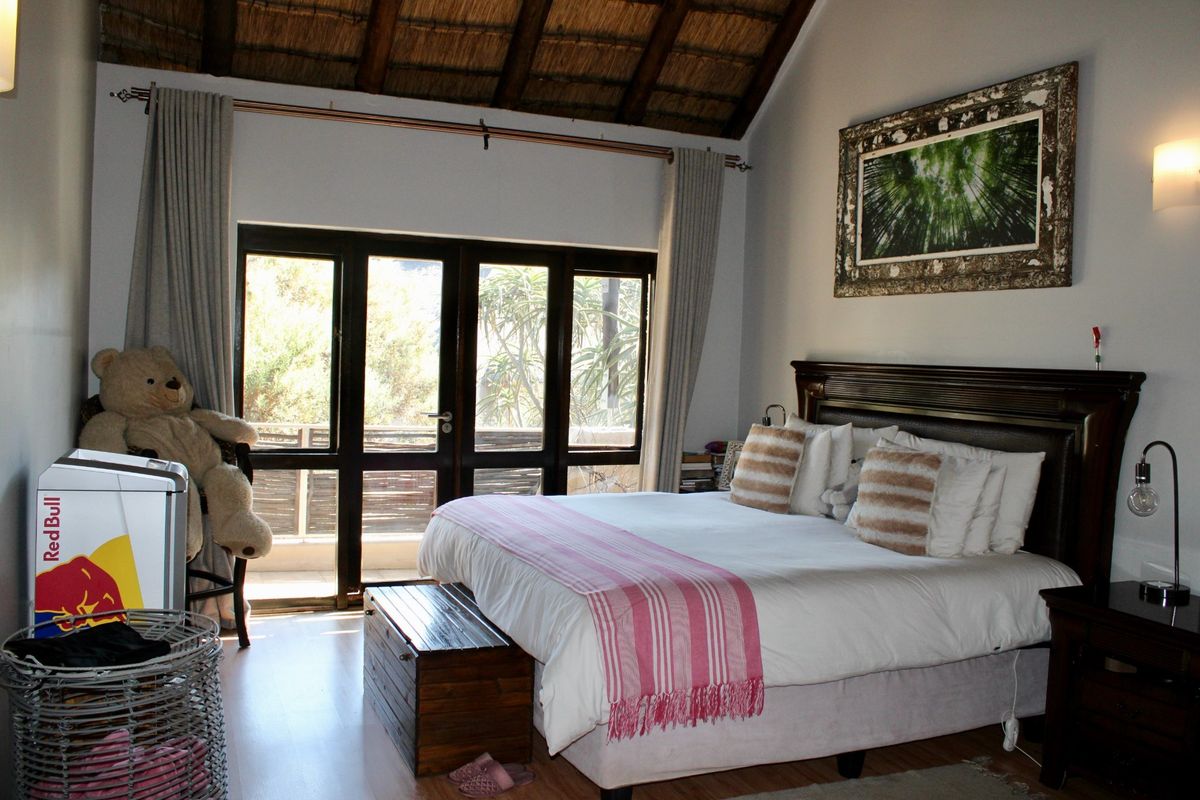 Spacious bedroom featuring an exposed thatch ceiling, laminate flooring, and large timber-framed glass doors providing access to an outdoor area.