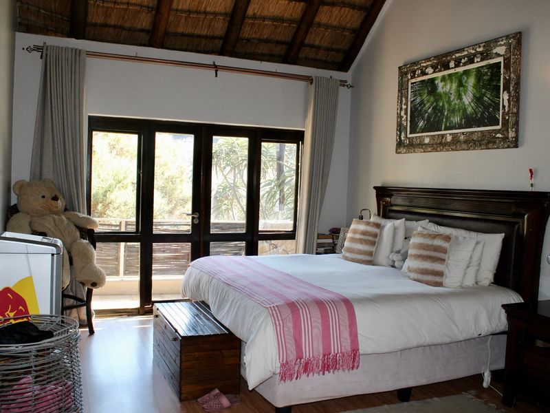 Spacious bedroom featuring an exposed thatch ceiling, laminate flooring, and large timber-framed glass doors providing access to an outdoor area.