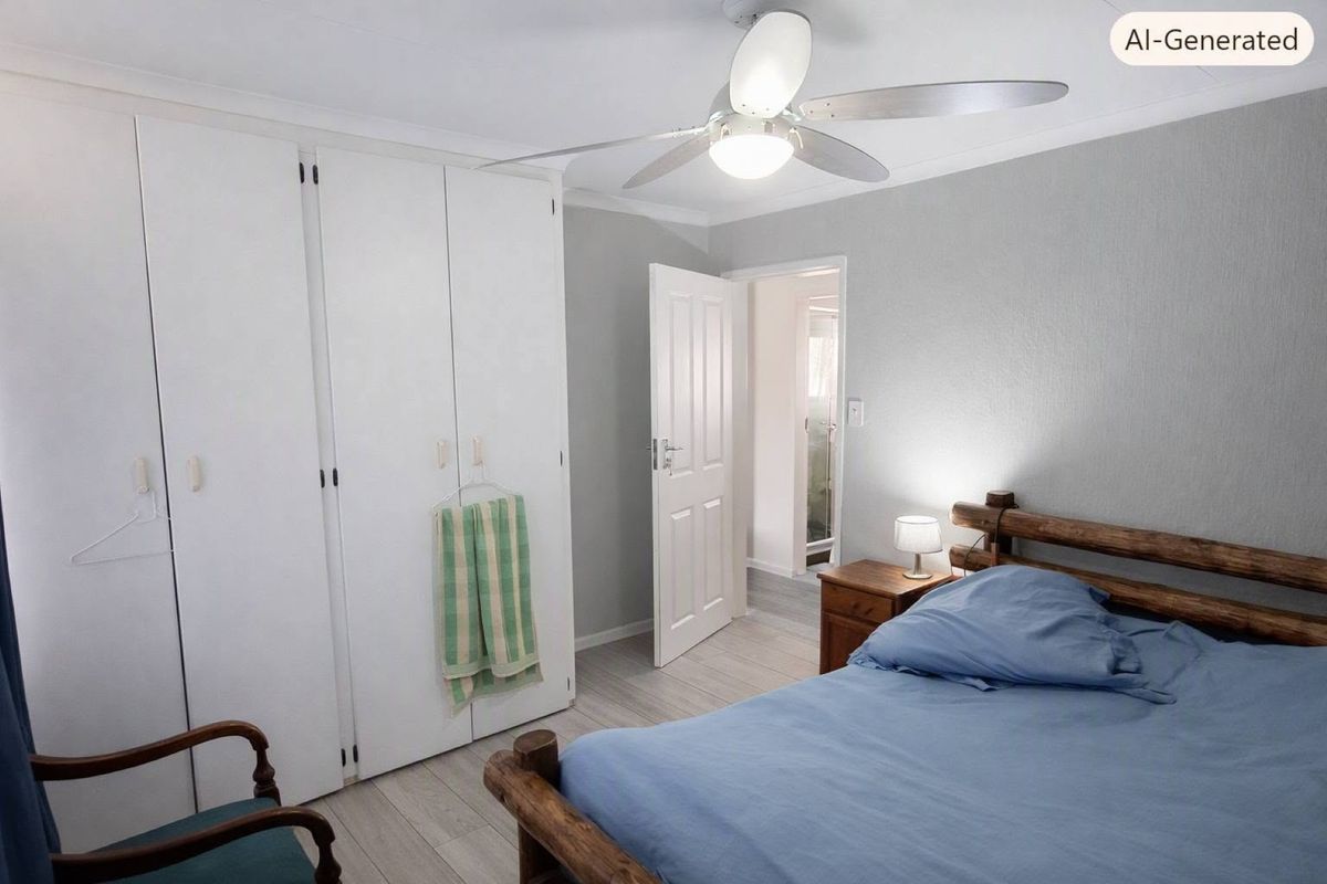 A well-maintained bedroom featuring built-in cupboards, a ceiling fan, and light-toned laminate flooring, with an adjoining doorway leading to an ensuite.