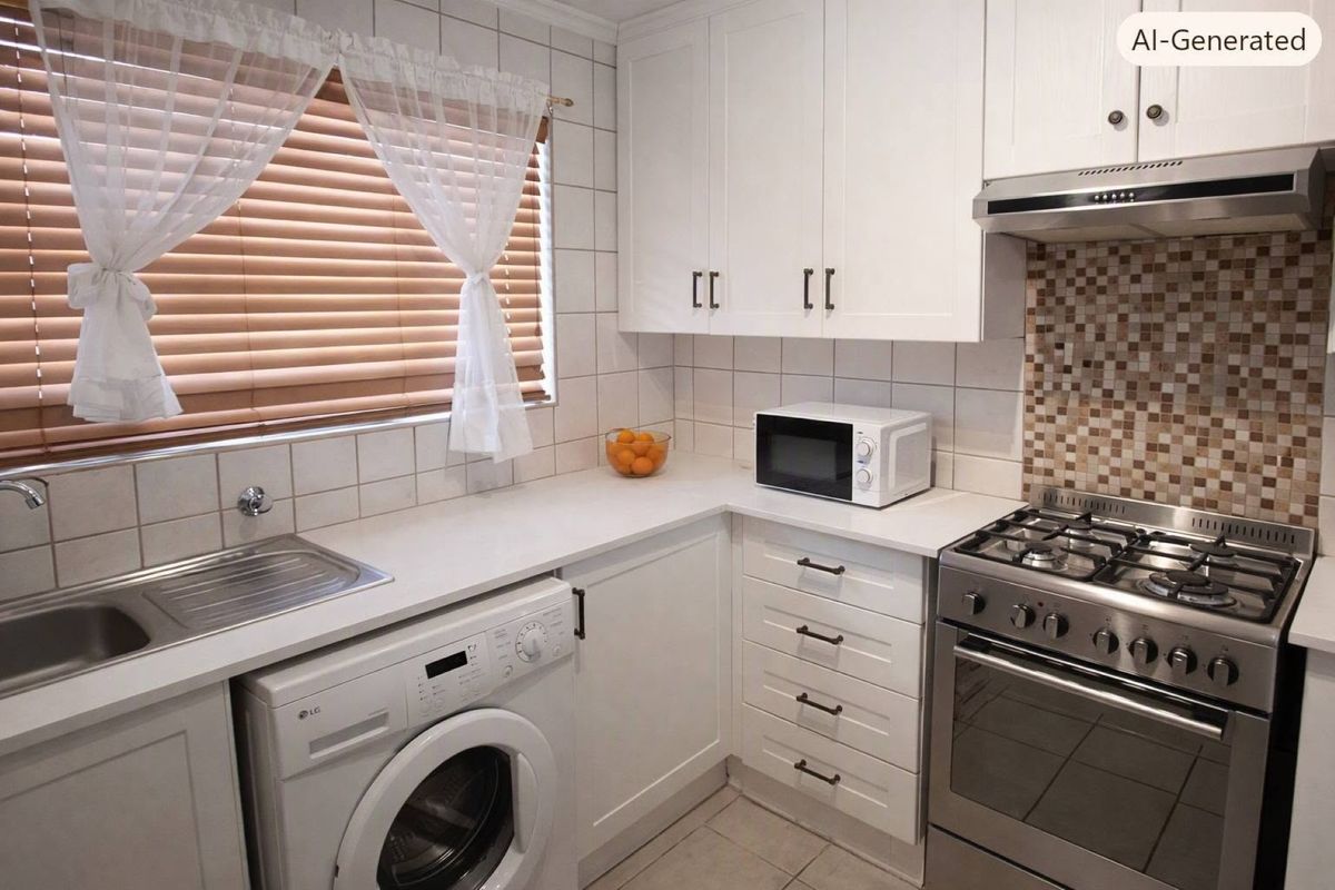A functional kitchen featuring white cabinetry, a stainless steel gas stove with extractor fan, tiled backsplash, and a built-in sink area.