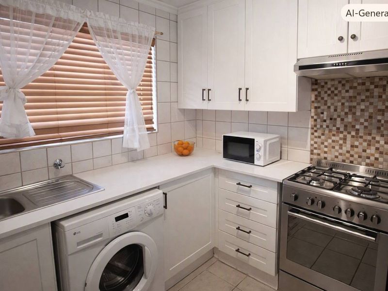 A functional kitchen featuring white cabinetry, a stainless steel gas stove with extractor fan, tiled backsplash, and a built-in sink area.