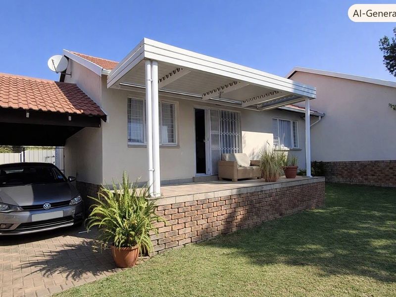A well-maintained covered patio area with brick base and tiled flooring, adjacent to a carport and garden space.