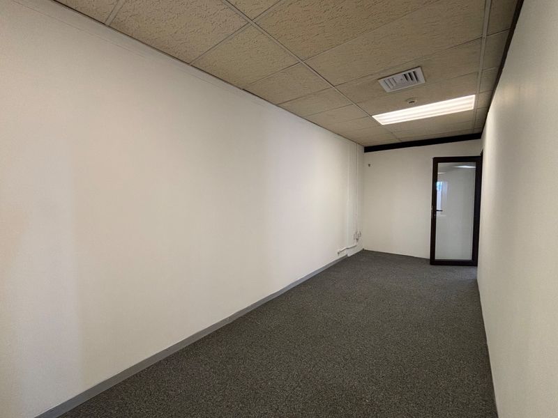 A clean, empty office space featuring a suspended ceiling, recessed lighting, carpeted flooring, and a glass panel door.
