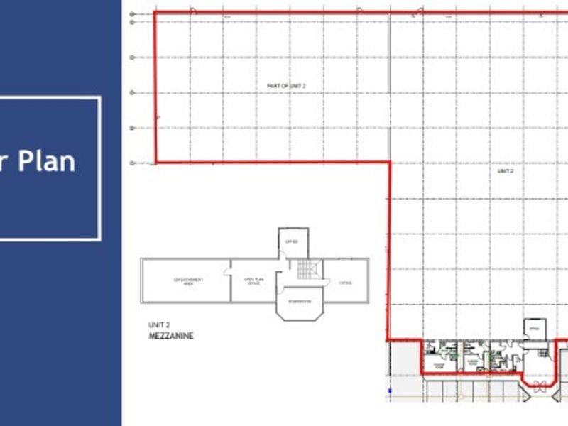 Architectural floor plan showing the layout of the industrial unit and its mezzanine level.