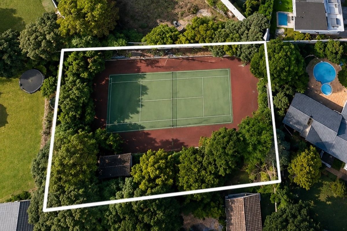 Aerial view of a private residential tennis court surrounded by mature trees and perimeter fencing.