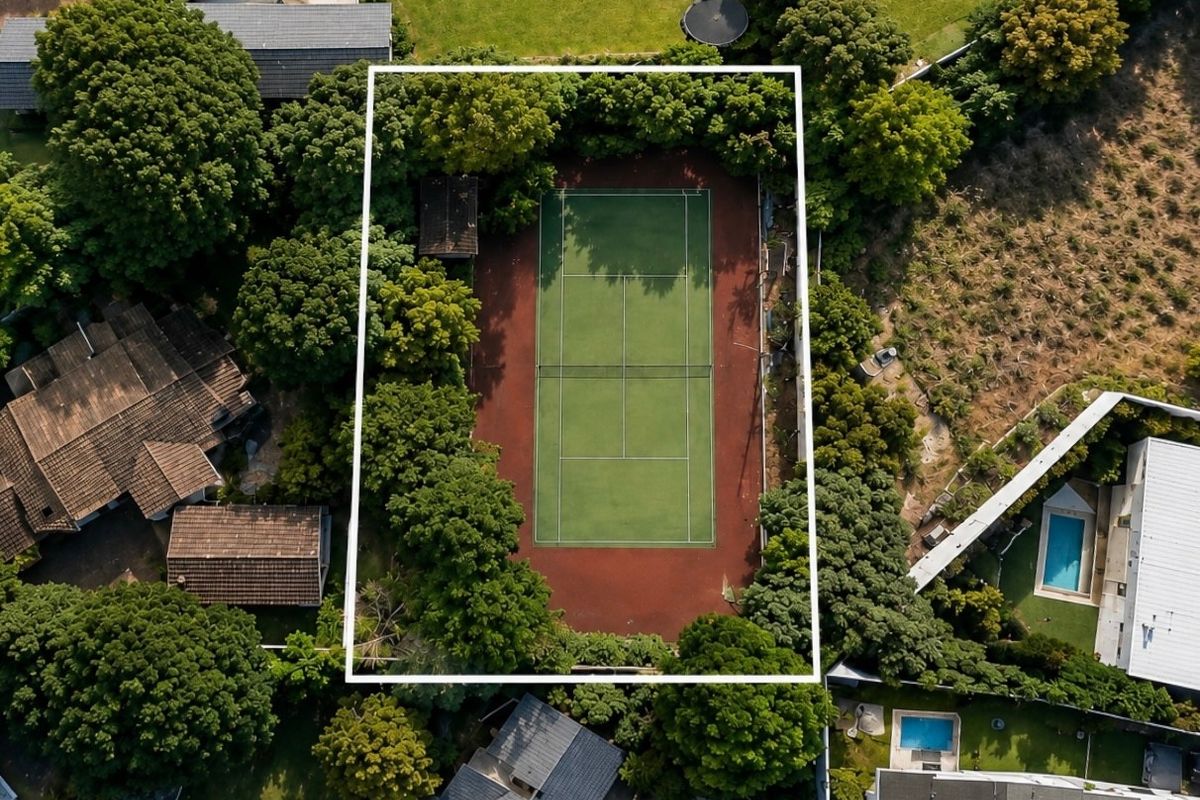 Aerial view of a residential property featuring a private tennis court surrounded by mature trees and established landscaping.