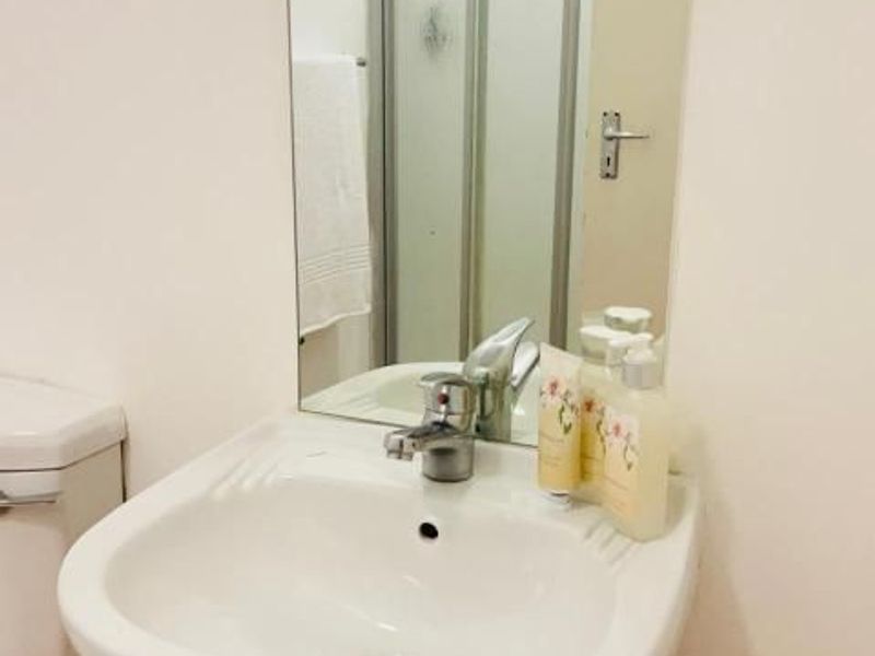 A functional bathroom featuring a pedestal basin with chrome mixer tap, wall-mounted mirror, and a separate shower enclosure.