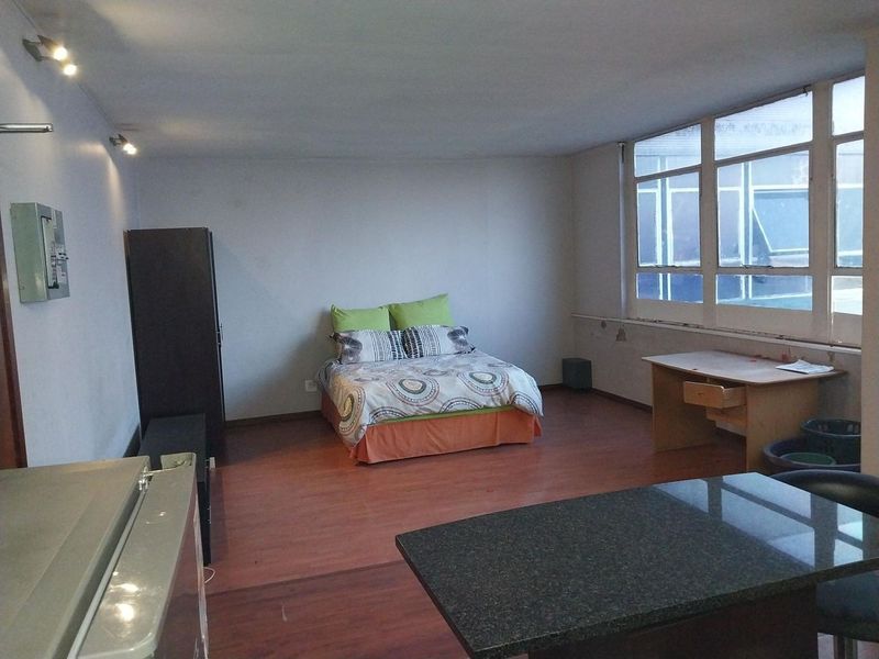 Open-plan studio apartment featuring laminate flooring, large windows providing natural light, and track lighting. The space requires cosmetic updates to improve its overall condition.
