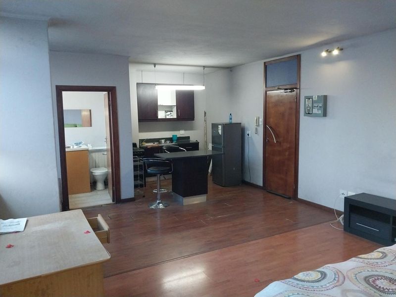 Open-plan living area featuring laminate flooring, a compact kitchen with built-in cabinetry, and direct access to an adjoining bathroom.