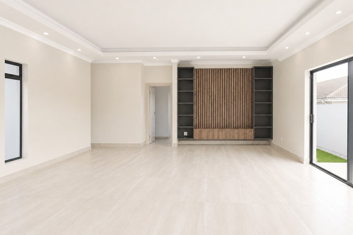 Spacious, modern living area featuring neutral tiled floors, recessed ceiling lighting, and a custom built-in media unit with a decorative slatted wood feature wall.