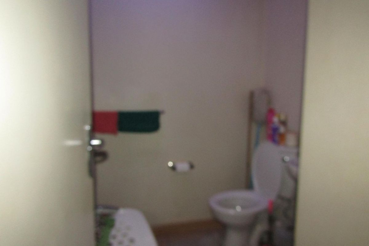 A small bathroom featuring a standard toilet, towel rail, and toilet roll holder. The space requires updating and better lighting.