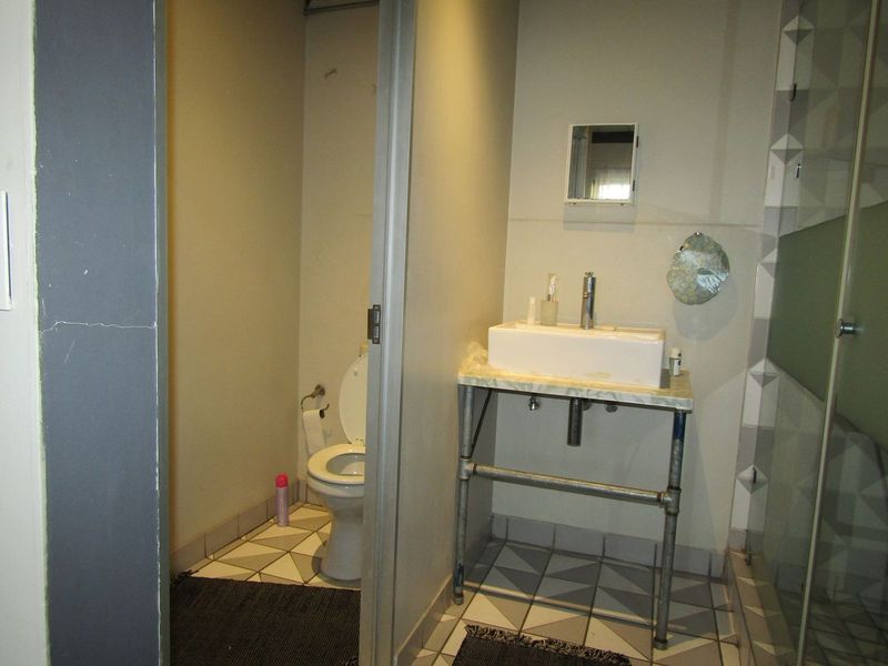 Bathroom featuring a vessel sink with industrial-style vanity, separate toilet area, and a shower enclosure with geometric floor tiling.