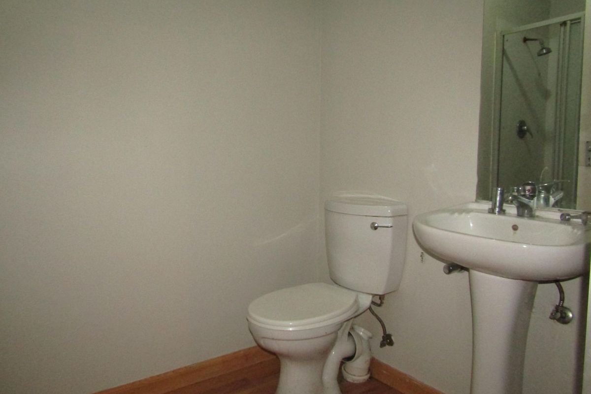 A functional bathroom featuring a pedestal basin, toilet, and a shower enclosure with a wall-mounted mirror.