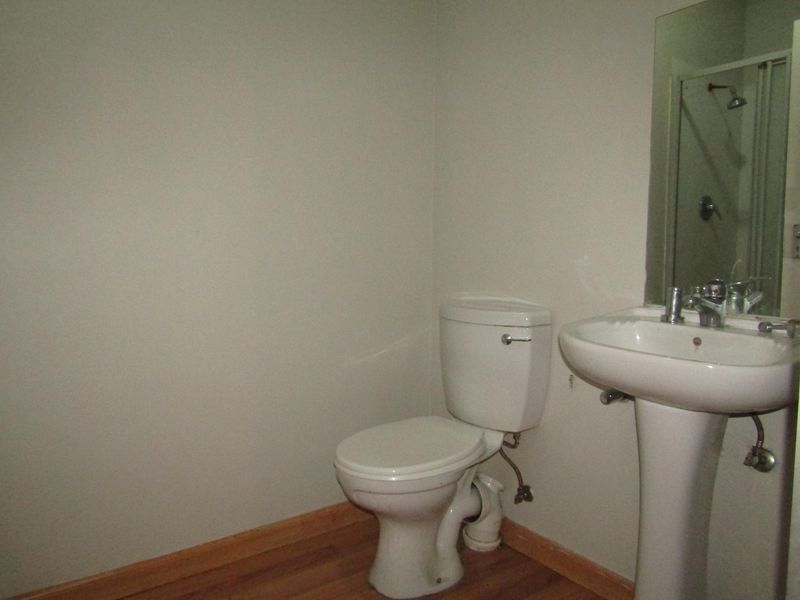 A functional bathroom featuring a pedestal basin, toilet, and a shower enclosure with a wall-mounted mirror.