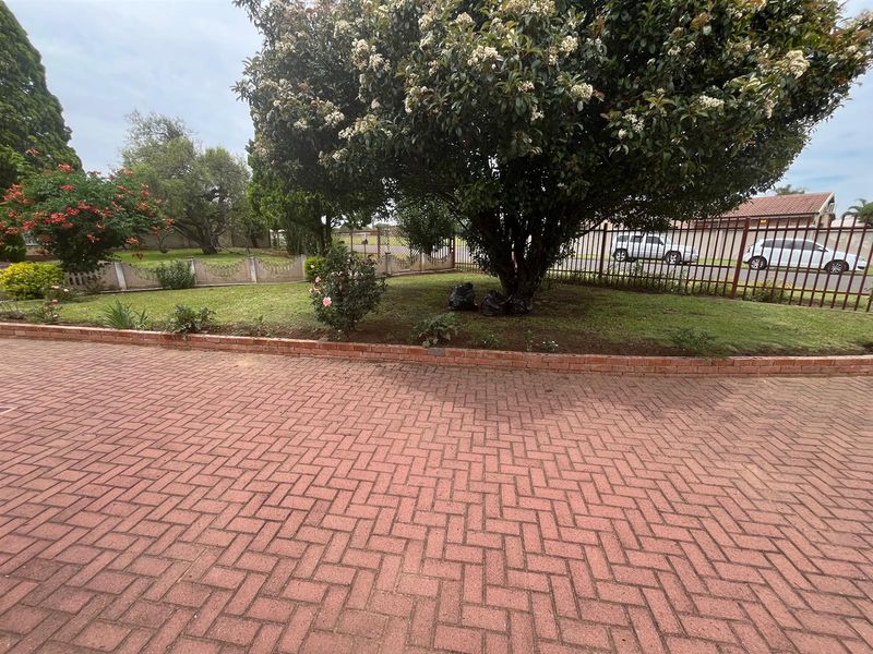 A paved driveway leading to a front garden area featuring a mature tree, lawn, and perimeter metal fencing.