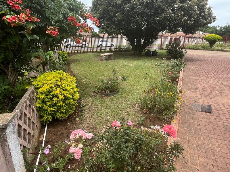 A well-established front garden featuring mature trees, flowering shrubs, and a paved driveway area enclosed by a metal perimeter fence.