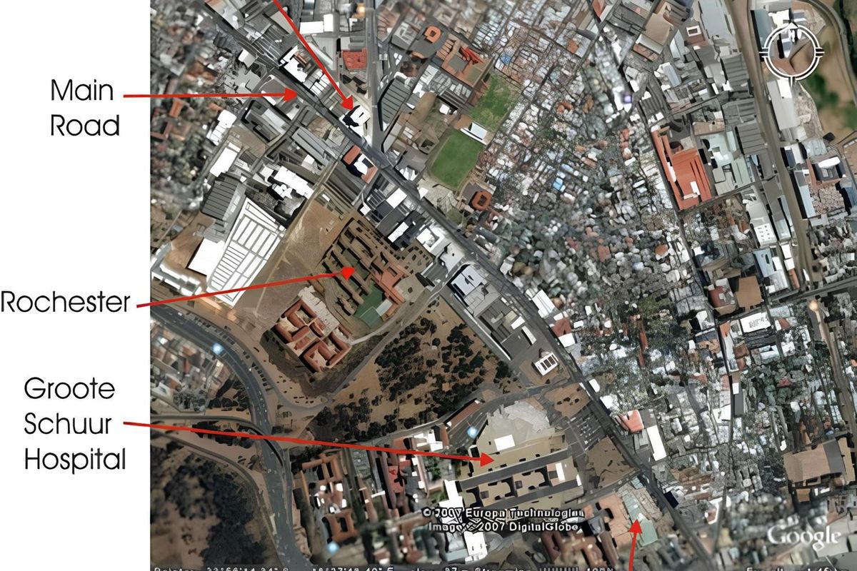 An aerial satellite view showing the location of the property in relation to local landmarks including Groote Schuur Hospital and Durham Square.