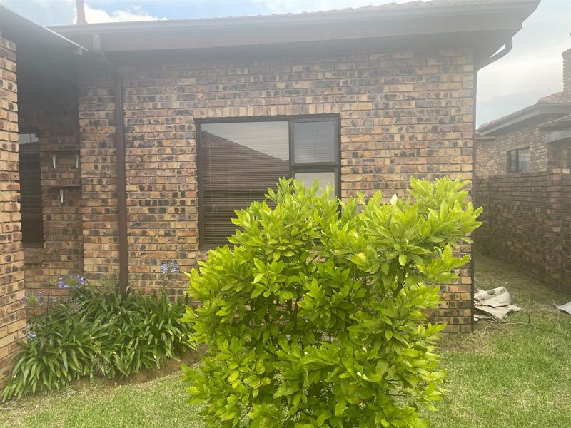 A view of the rear exterior facade featuring face brick construction, aluminium window frames, and established garden landscaping.