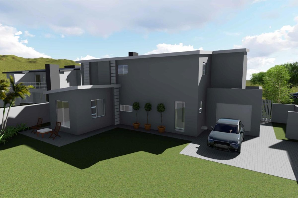 A 3D architectural render showing the rear exterior of a modern two-story house with a paved driveway, lawn, and patio area.