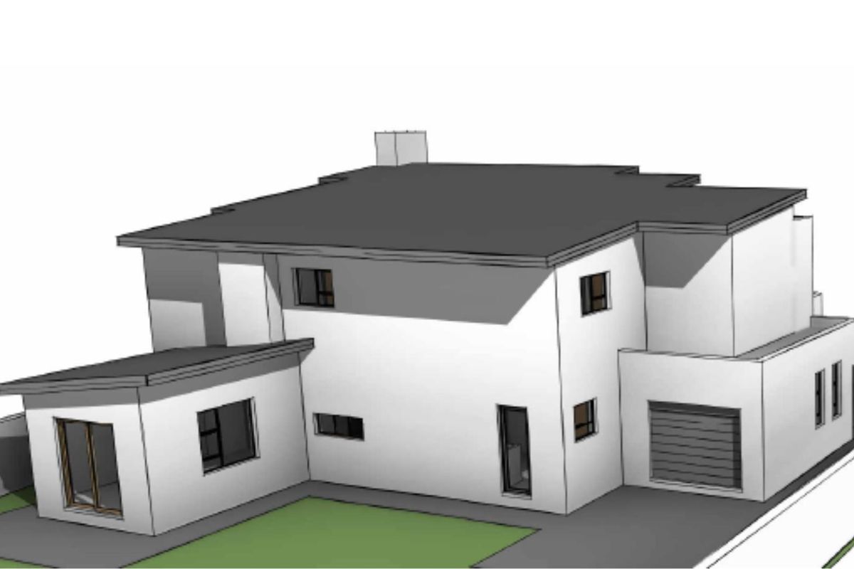 A 3D architectural render showing the rear exterior elevation of a modern two-story house with a small garden and paved area.