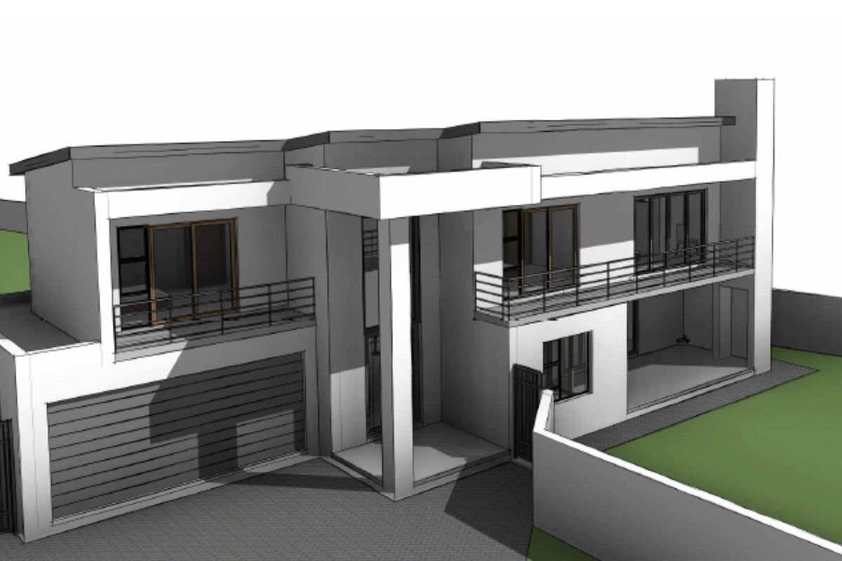 A 3D architectural render of a modern two-story residential property featuring a double garage, balconies, and a clean, contemporary facade design.