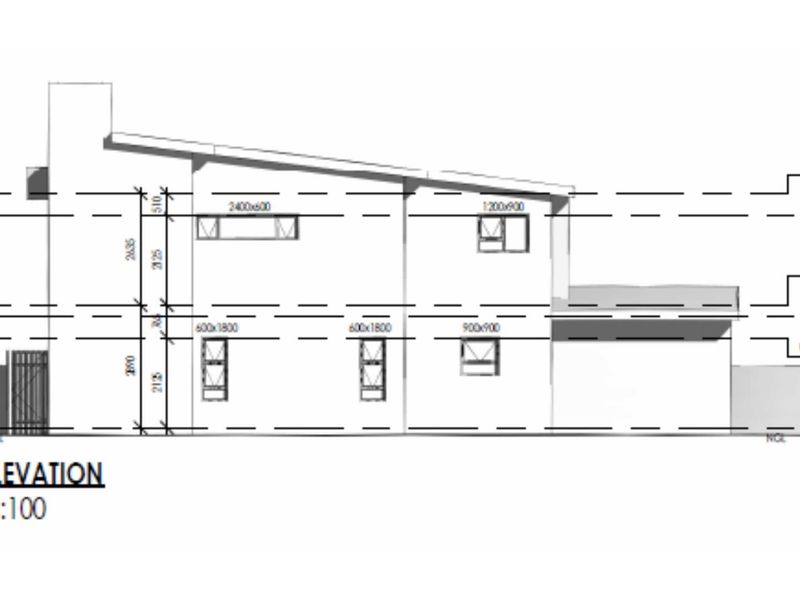 Architectural west elevation drawing showing the building structure, window placements, and height measurements for the property.