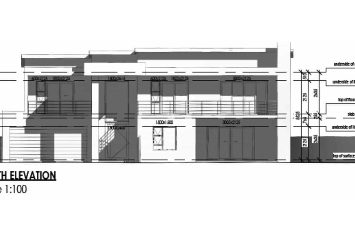 Architectural north elevation floor plan drawing showing the structural layout and dimensions of the two-story house facade.