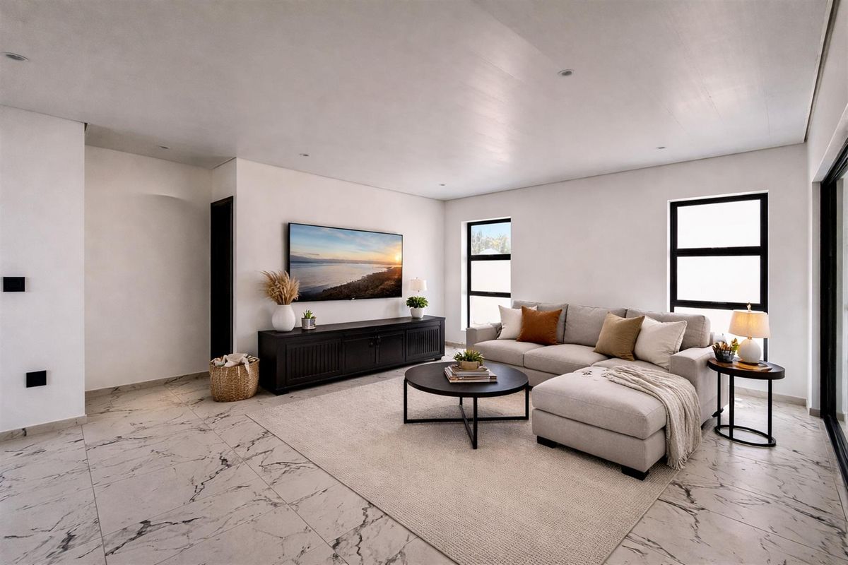 Modern living room featuring large format marble-look floor tiles, recessed ceiling lighting, and black-framed windows, creating a bright and contemporary living space.