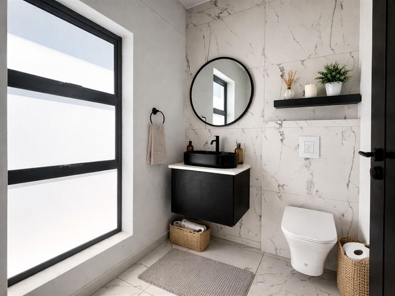 Modern guest bathroom featuring a wall-mounted vanity with vessel sink, wall-hung toilet with concealed cistern, and elegant marble-look wall tiling.