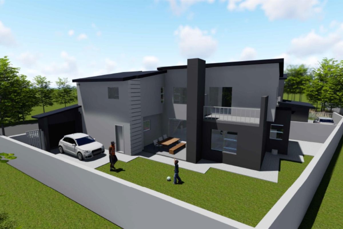 A 3D architectural render of a modern two-story house featuring a rear patio, balcony, and enclosed garden area.