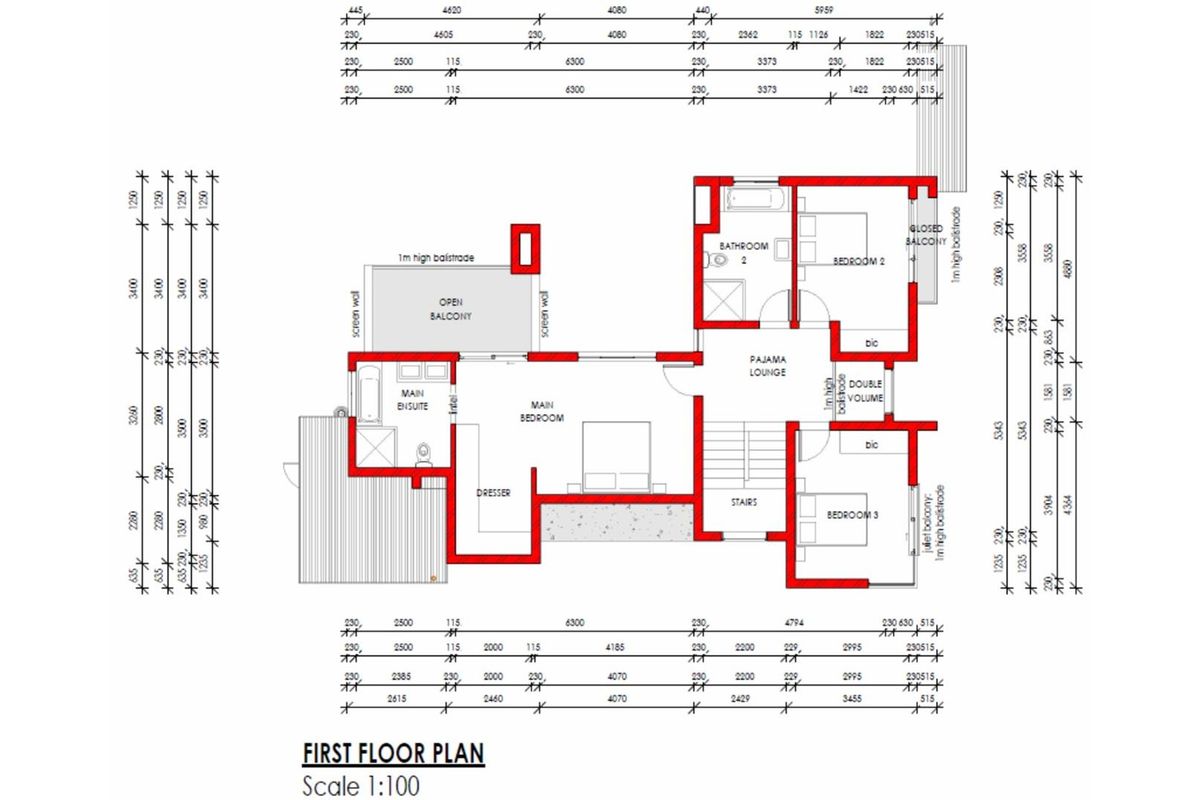 Architectural floor plan detailing the layout of the first floor, including bedrooms, bathrooms, balconies, and a pajama lounge.