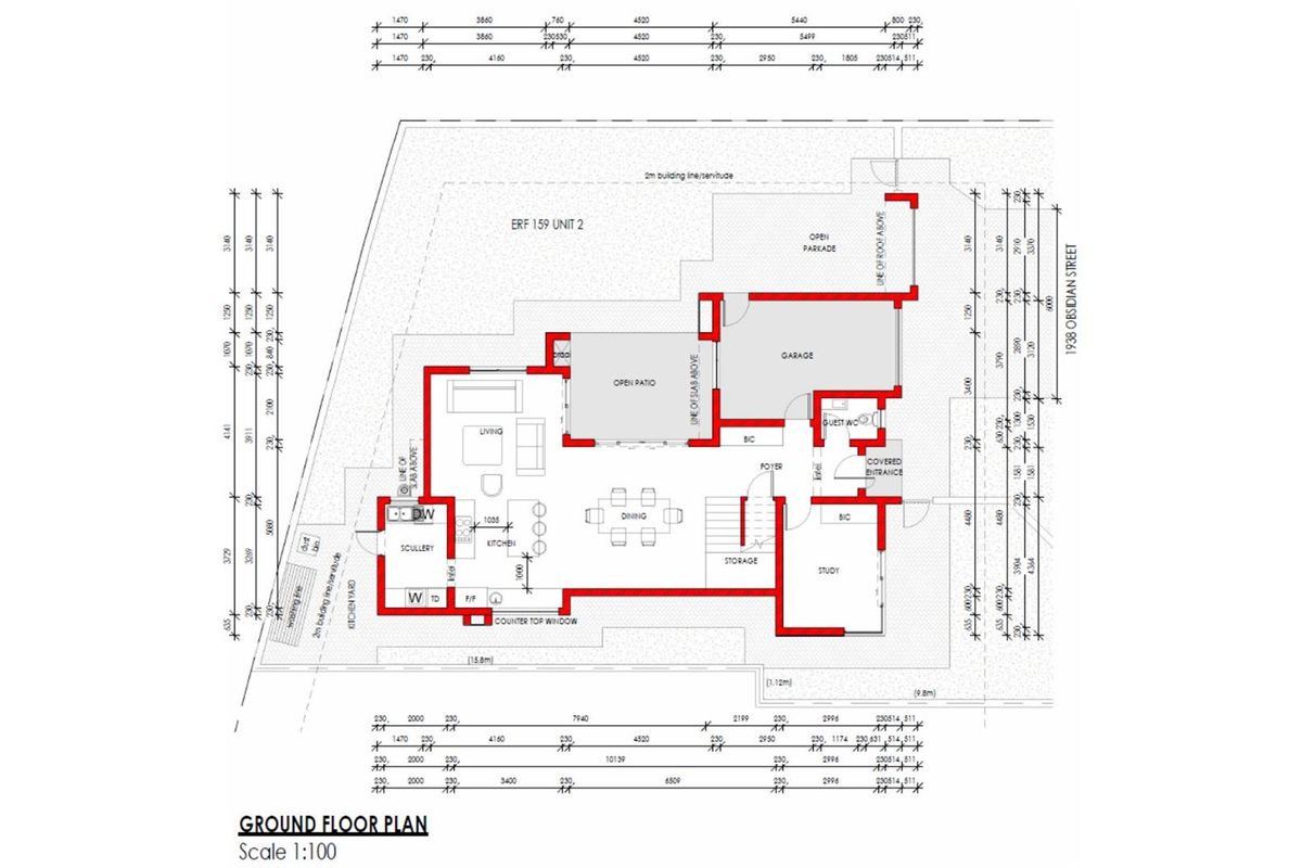 Architectural ground floor plan for the property, detailing the layout of living areas, kitchen, scullery, garage, and outdoor spaces.