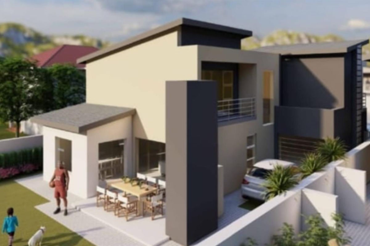 A modern two-story residential property featuring a contemporary facade, balcony, and paved driveway area.
