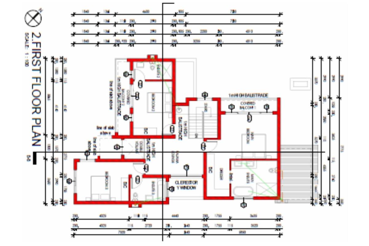 Architectural floor plan detailing the layout of the first floor, including bedrooms, bathrooms, and covered balconies.