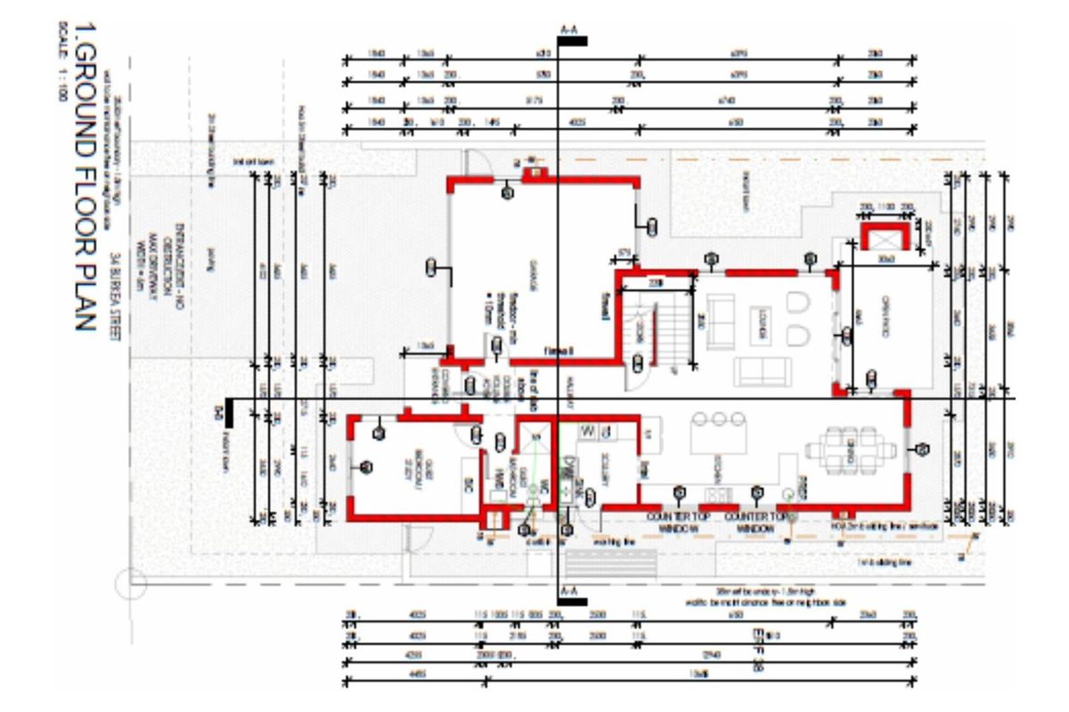 A detailed ground floor architectural plan for 34 Burkea Street, illustrating the layout of living areas, kitchen, bedrooms, and utility spaces.