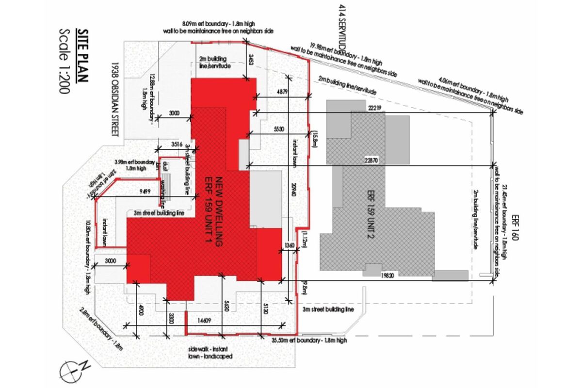 A detailed site plan showing the layout and boundaries of the property, including building lines and erf dimensions.