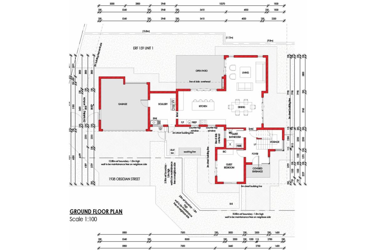 A detailed ground floor architectural plan showing the layout of the living areas, kitchen, scullery, garage, and guest bedroom.