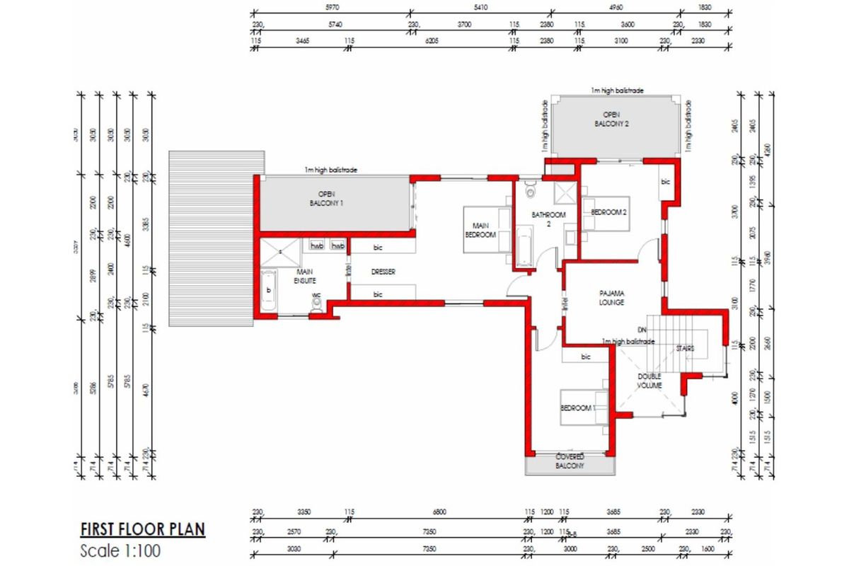 Architectural first floor plan showing the layout of the main bedroom, en-suite, pajama lounge, additional bedrooms, bathrooms, and balconies.