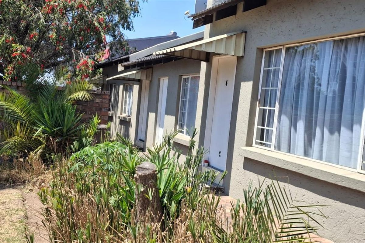 Rear exterior view of the property featuring a brick boundary wall, metal window frames, and an overgrown garden area.