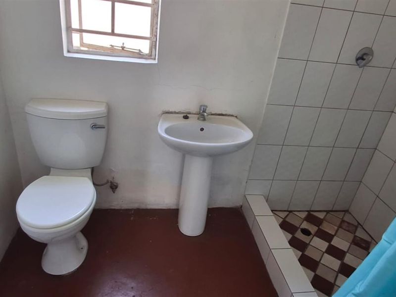 A functional bathroom featuring a pedestal basin, toilet, and a tiled shower enclosure with a window providing natural light.