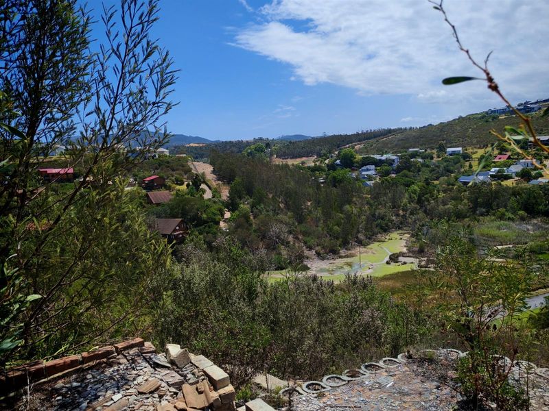 Elevated landscape view overlooking a valley with surrounding residential properties and natural vegetation, featuring a partially collapsed brick retaining wall in the foreground.
