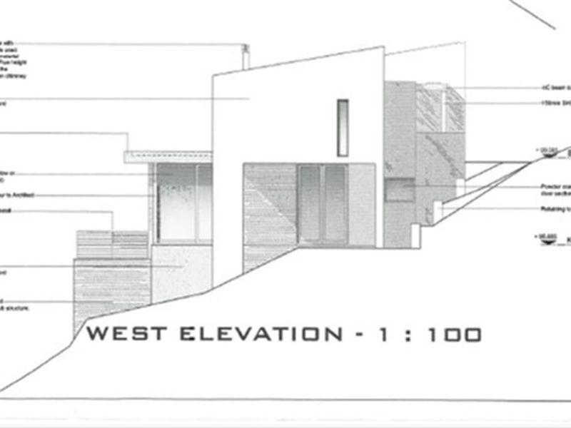 Architectural west elevation plan for a residential property, detailing structural specifications and building design.