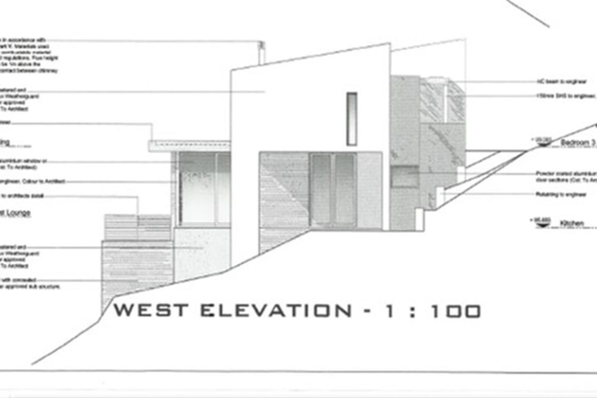 Architectural west elevation plan for a residential property, detailing structural specifications and building design.
