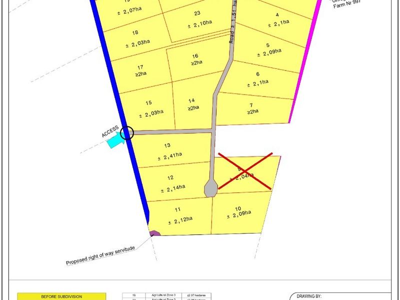 A detailed subdivision plan for the Malmesbury division, outlining various land portions, zoning, and access routes for the residential property development.