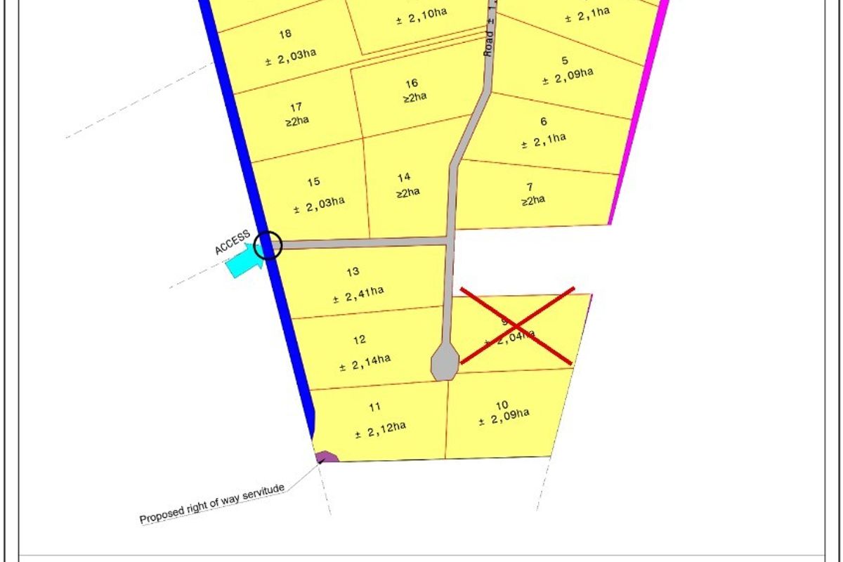 A detailed subdivision plan for the Malmesbury division, outlining various land portions, zoning, and access routes for the residential property development.
